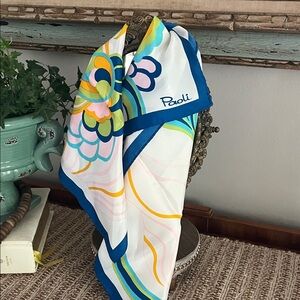 Vintage Paoli Floral Silk Scarf in White, Blue, Green & Pink